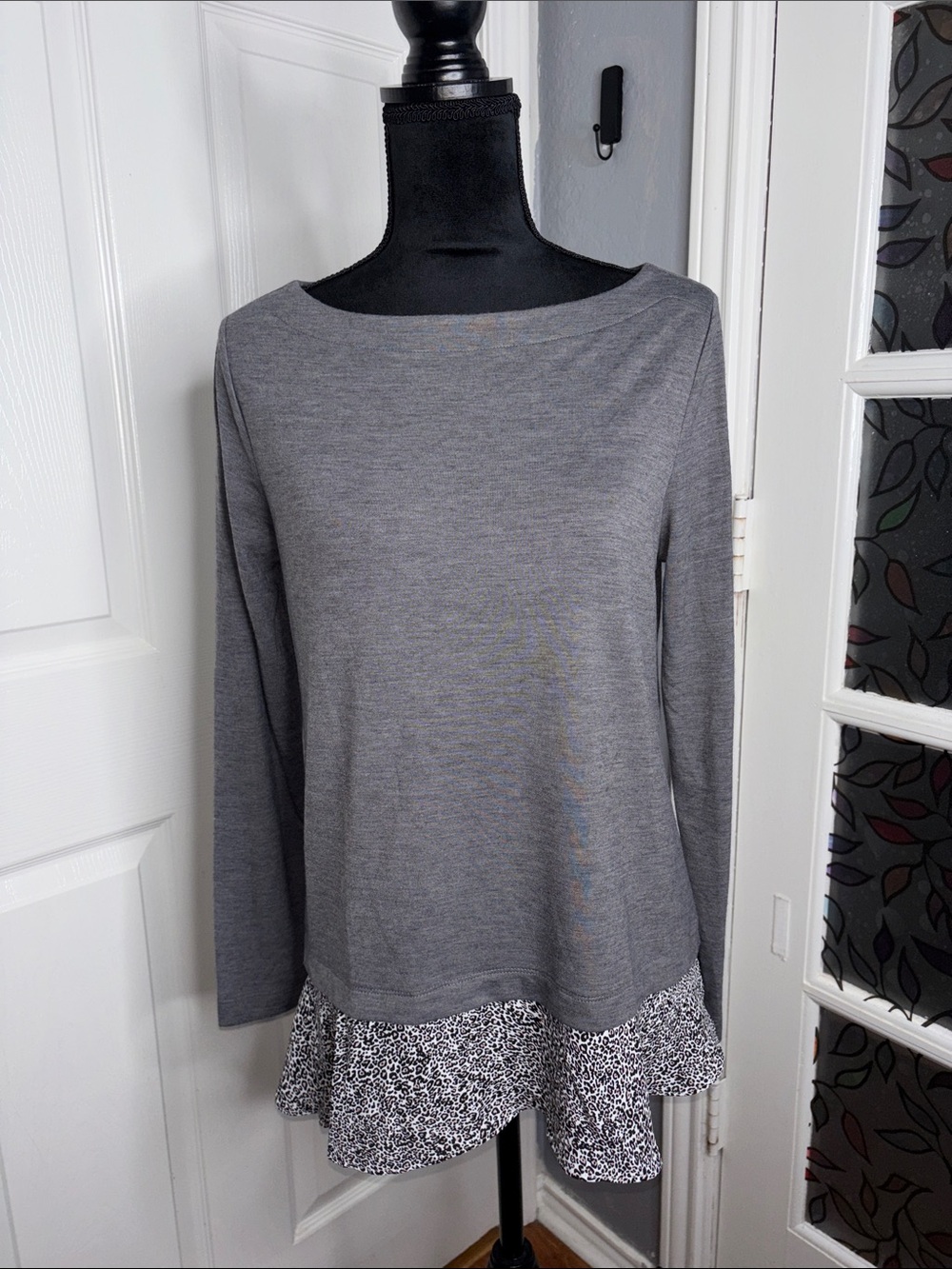 LOFT Gray Long-Sleeve Top with Printed Layered Hem